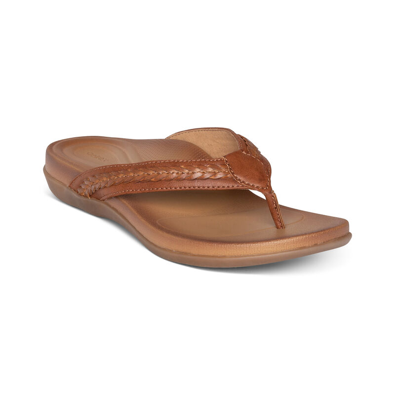 Aetrex Emmy Braided Tanga Flip Flops Damen Braun | JKK1221TH