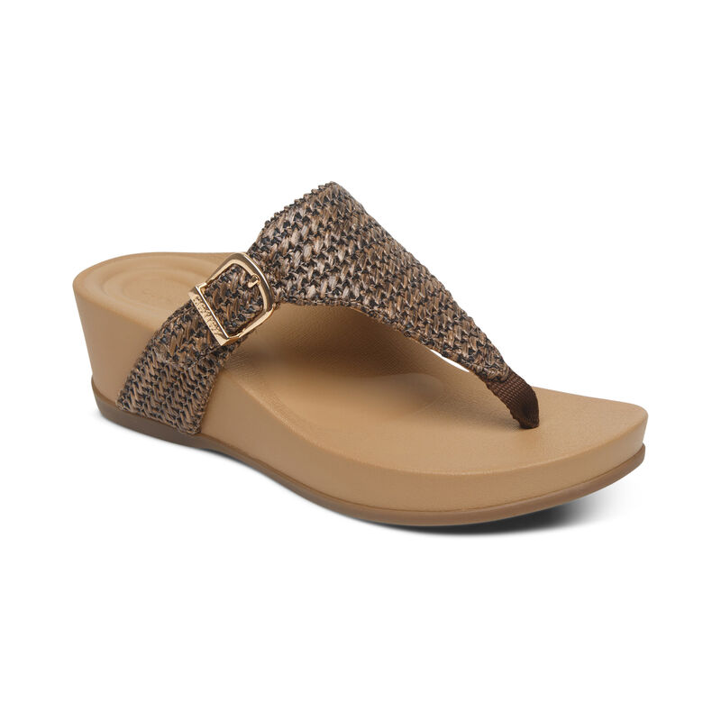 Aetrex Kate Tanga Keilabsatz Sandalen Damen Braun Gold | NYB9324UV