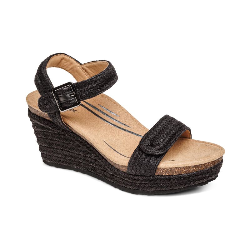 Aetrex Sydney Quarter Riemen Espadrilles Keilabsatz Sandalen Damen Schwarz | CPP6320CU