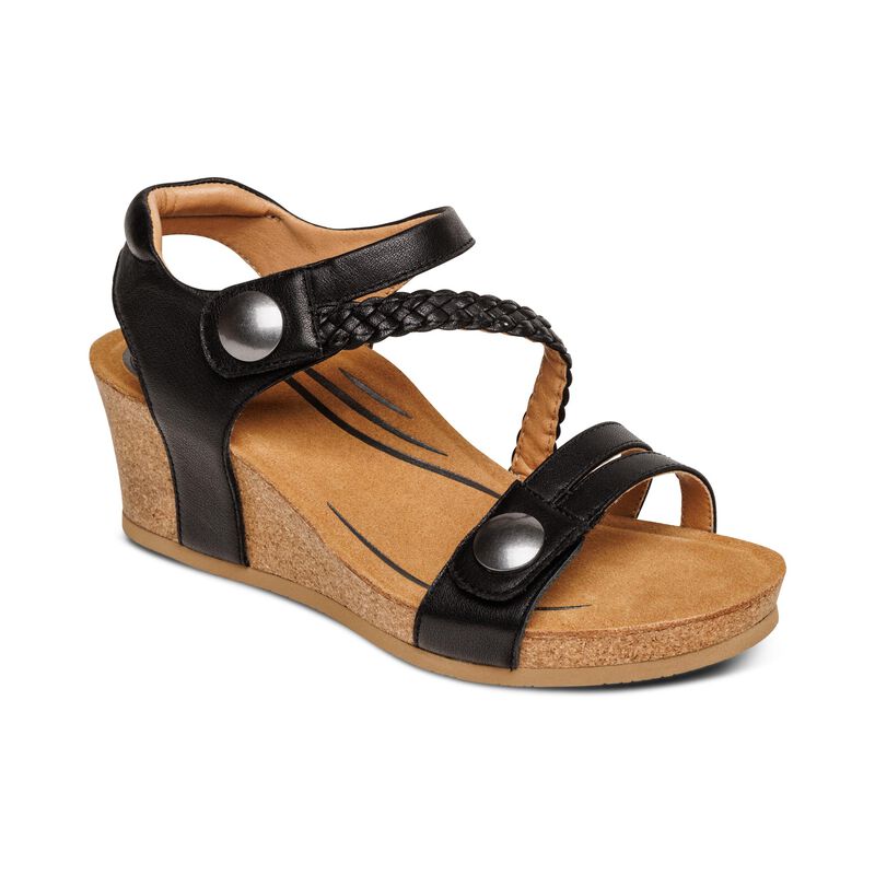 Aetrex Avril Quarter Riemen Keilabsatz Sandalen Damen Schwarz | OFZ5834GY