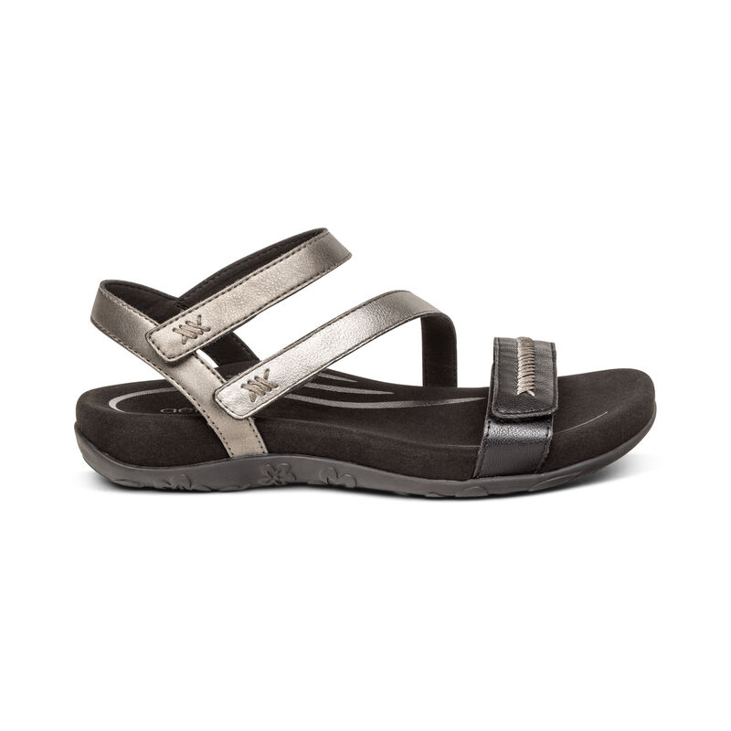 Aetrex Gabby Adjustable Quarter Riemen Sandalen Damen Schwarz Silber | ATQ601HR