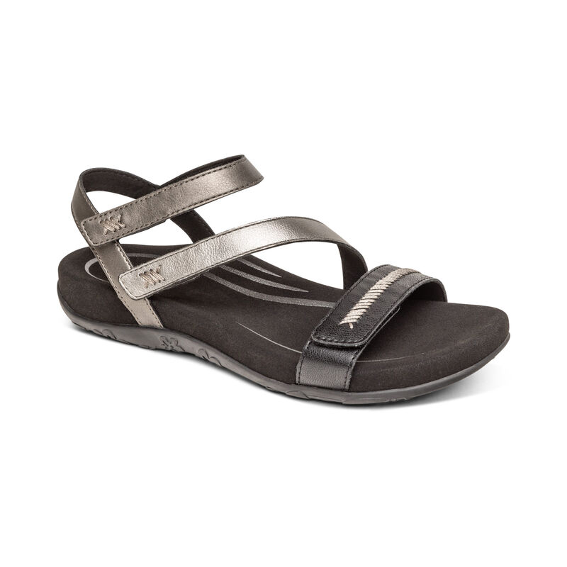 Aetrex Gabby Adjustable Quarter Riemen Sandalen Damen Schwarz Silber | ATQ601HR