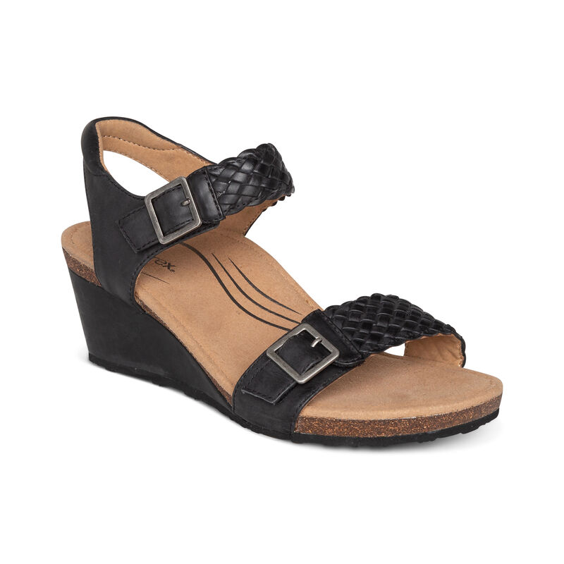 Aetrex Grace Adjustable Woven Keilabsatz Sandalen Damen Schwarz | ORM7213KM