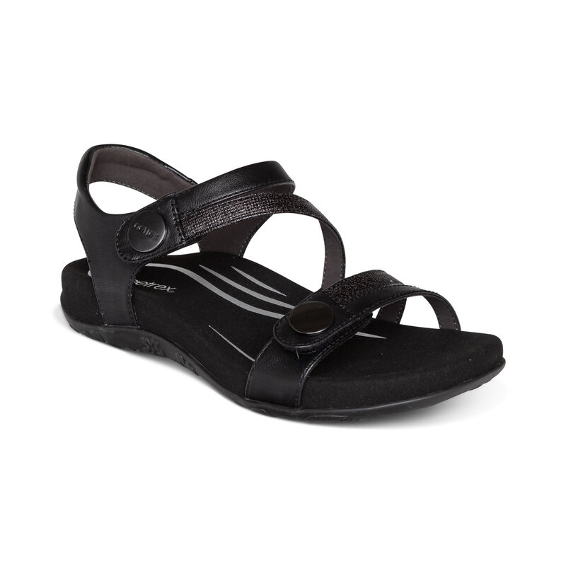 Aetrex Jess Adjustable Quarter Riemen Sandalen Damen Schwarz | BLB794IO