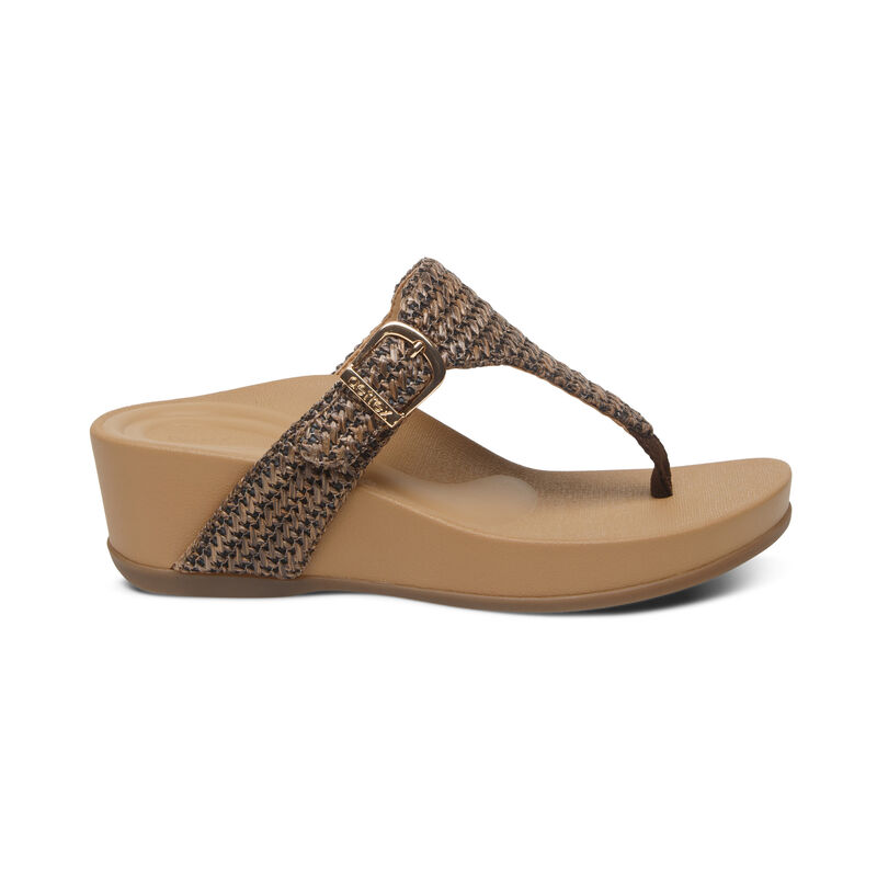 Aetrex Kate Tanga Keilabsatz Sandalen Damen Braun Gold | NYB9324UV