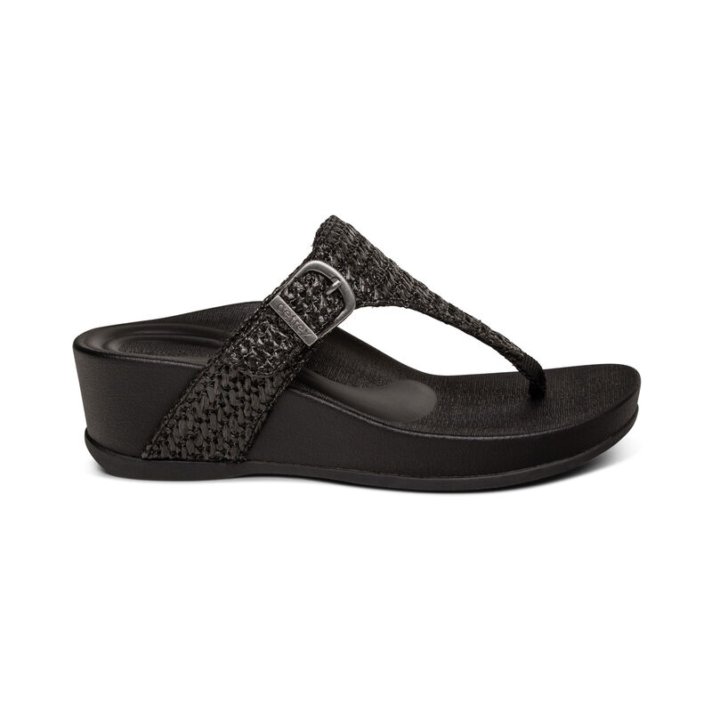 Aetrex Kate Tanga Keilabsatz Sandalen Damen Schwarz | TPE1643AX