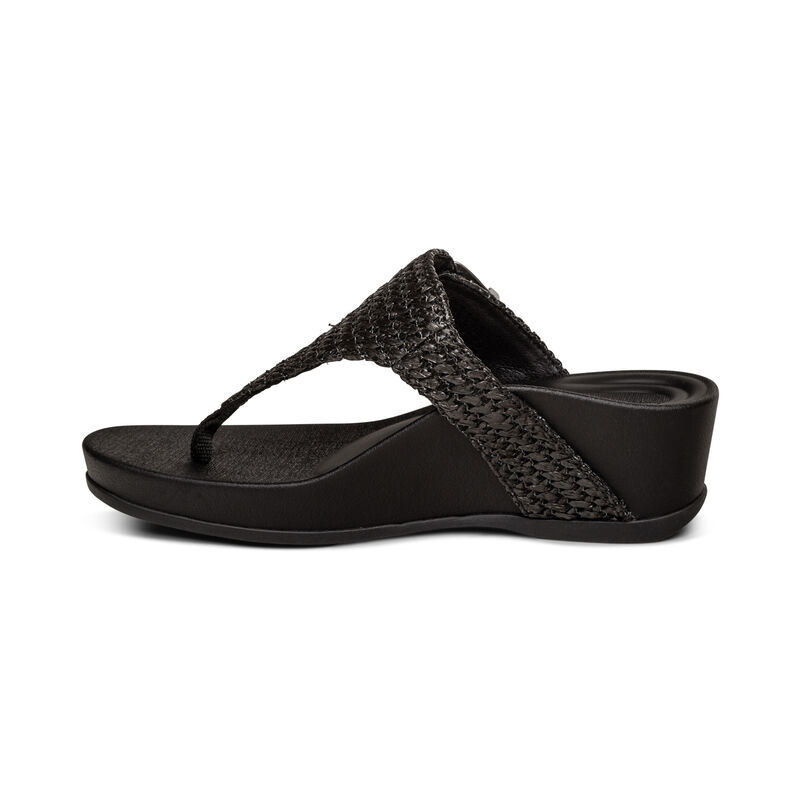 Aetrex Kate Tanga Keilabsatz Sandalen Damen Schwarz | TPE1643AX