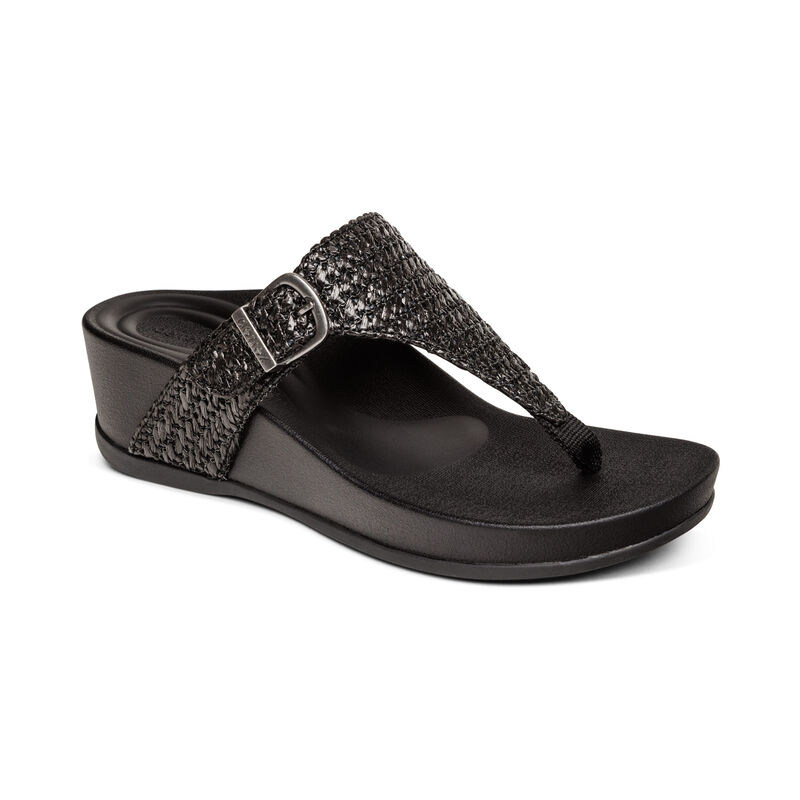 Aetrex Kate Tanga Keilabsatz Sandalen Damen Schwarz | TPE1643AX