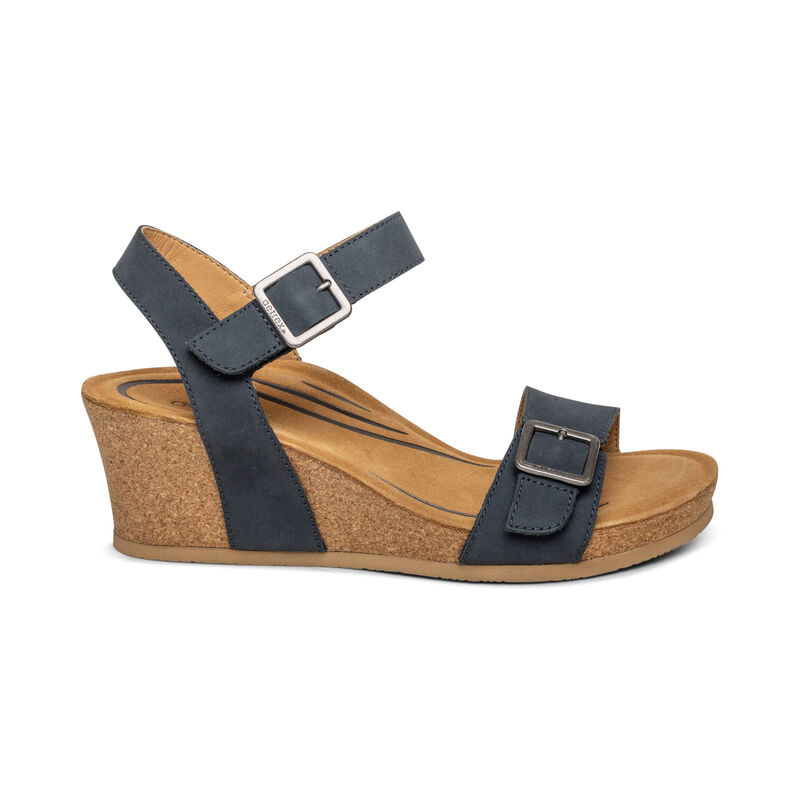 Aetrex Lexa Quarter Riemen Keilabsatz Sandalen Damen Navy | HVK1585ZK