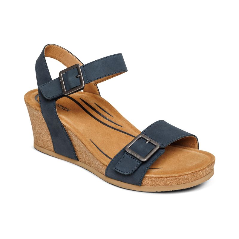 Aetrex Lexa Quarter Riemen Keilabsatz Sandalen Damen Navy | HVK1585ZK