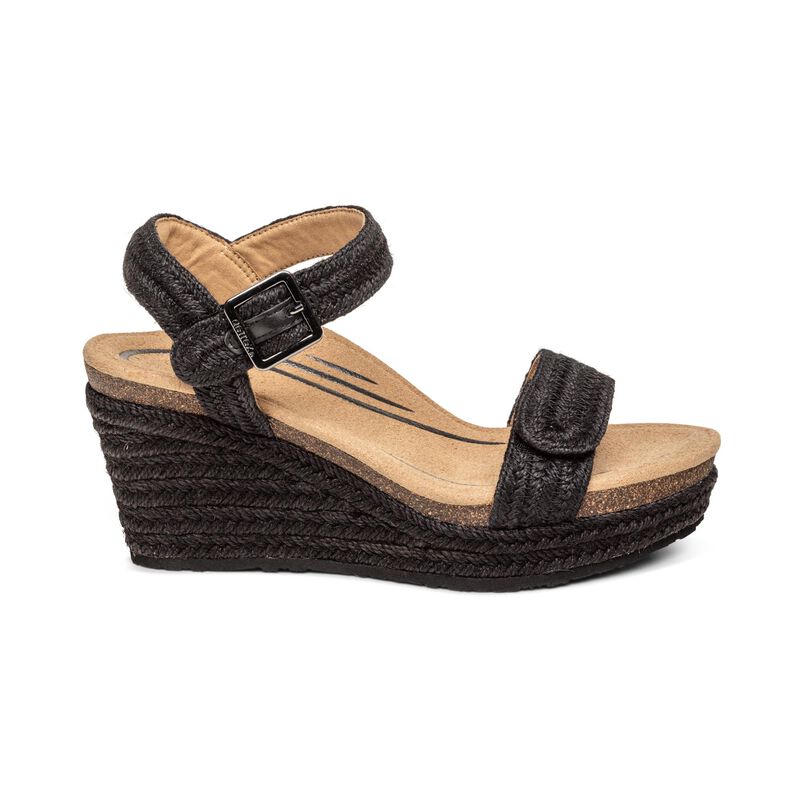 Aetrex Sydney Quarter Riemen Espadrilles Keilabsatz Sandalen Damen Schwarz | CPP6320CU