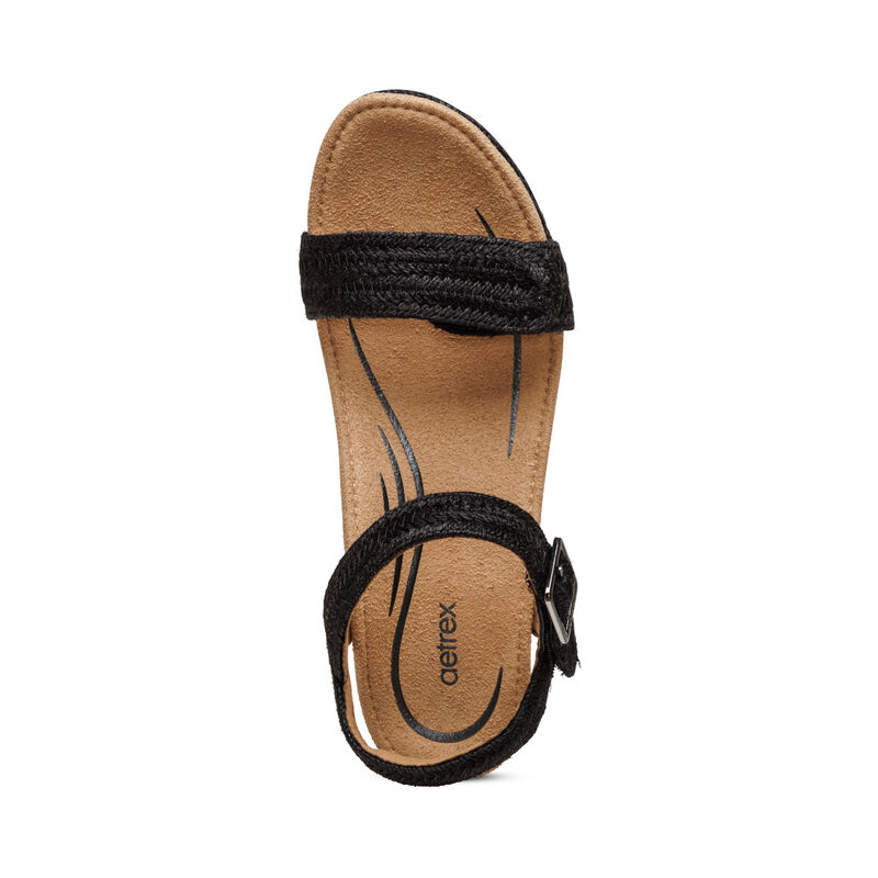 Aetrex Sydney Quarter Riemen Espadrilles Keilabsatz Sandalen Damen Schwarz | CPP6320CU