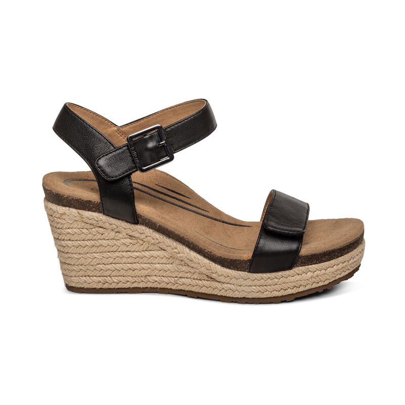 Aetrex Sydney Quarter Riemen Espadrilles Keilabsatz Sandalen Damen Schwarz | LXB4329MA