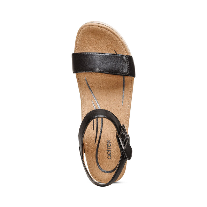 Aetrex Sydney Quarter Riemen Espadrilles Keilabsatz Sandalen Damen Schwarz | LXB4329MA