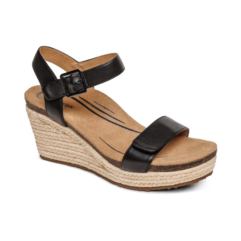 Aetrex Sydney Quarter Riemen Espadrilles Keilabsatz Sandalen Damen Schwarz | LXB4329MA