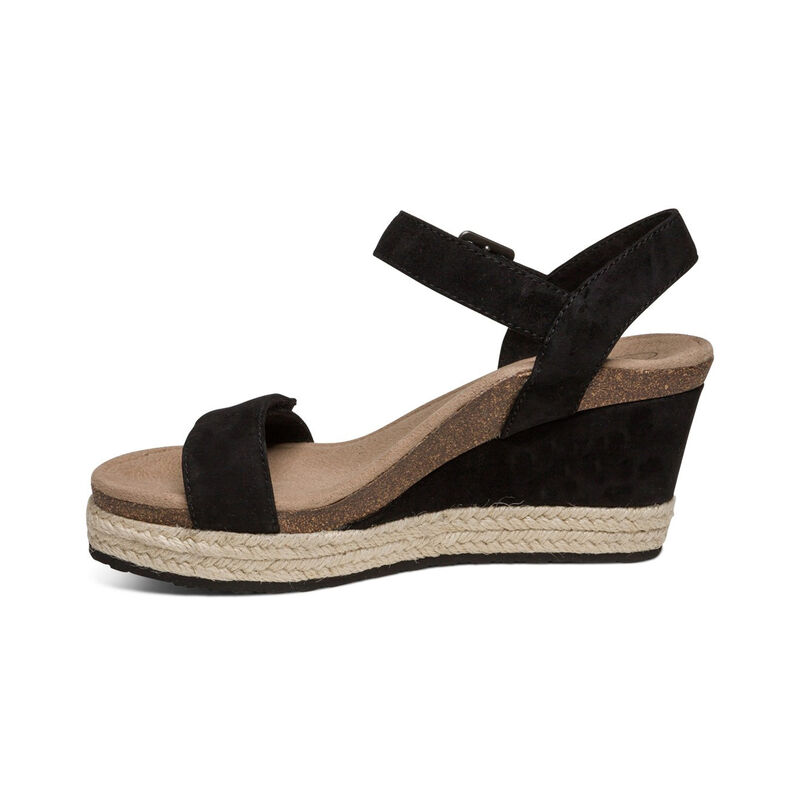 Aetrex Sydney Quarter Riemen Espadrilles Keilabsatz Sandalen Damen Schwarz | TAO4990LU