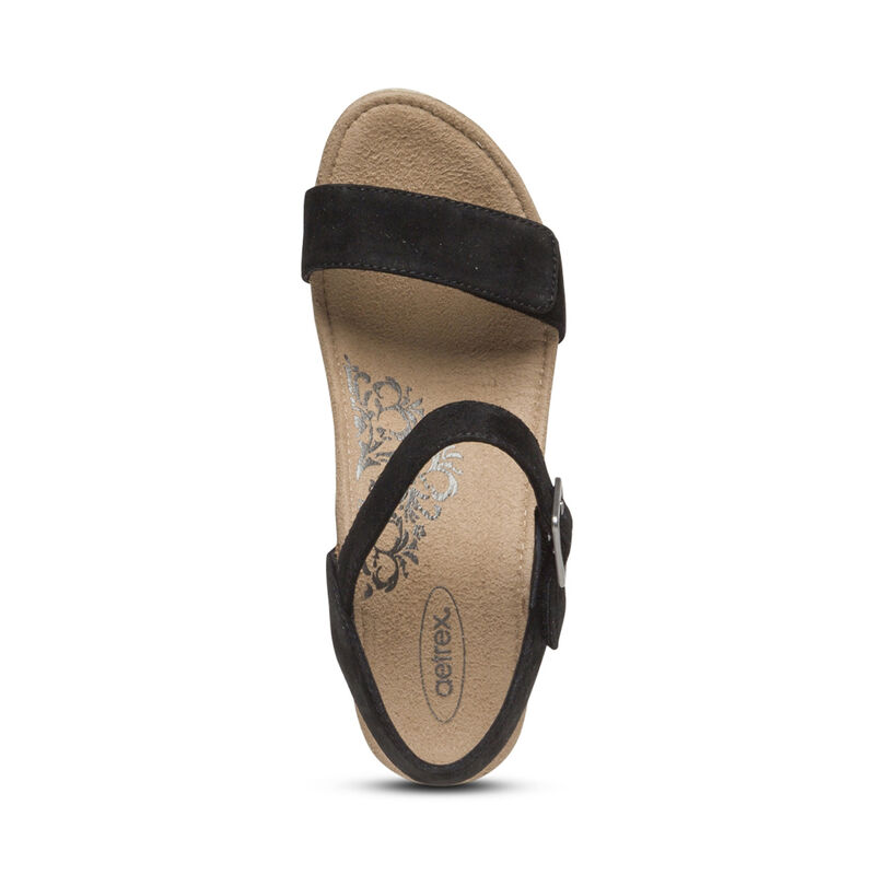 Aetrex Sydney Quarter Riemen Espadrilles Keilabsatz Sandalen Damen Schwarz | TAO4990LU