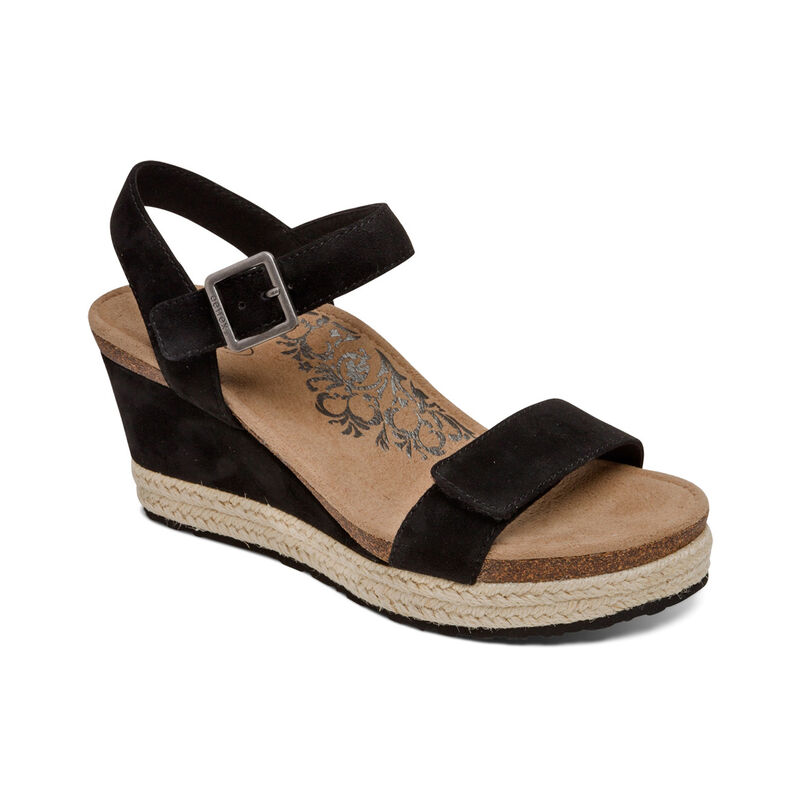 Aetrex Sydney Quarter Riemen Espadrilles Keilabsatz Sandalen Damen Schwarz | TAO4990LU